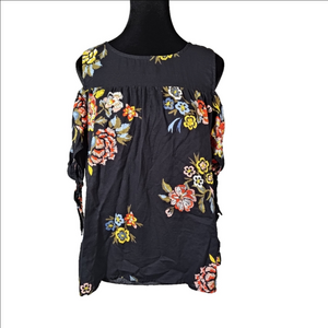 Old Navy 100% Cotton Cold Shoulder Top Striking Colors Black Floral Size Medium